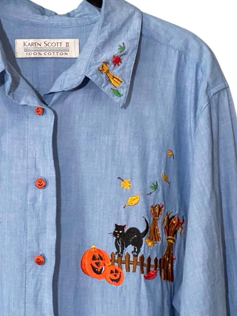 Vintage Chambray Halloween Pumpkin Shirt Sz 1X Embroidered Cotton Fall Teacher - Picture 4 of 8